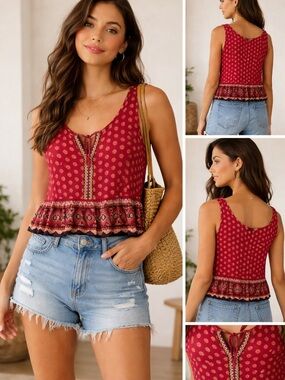 Patrons of Peace Red Boho Tank Top Small Flowy Ruffle Hem Festival Summer